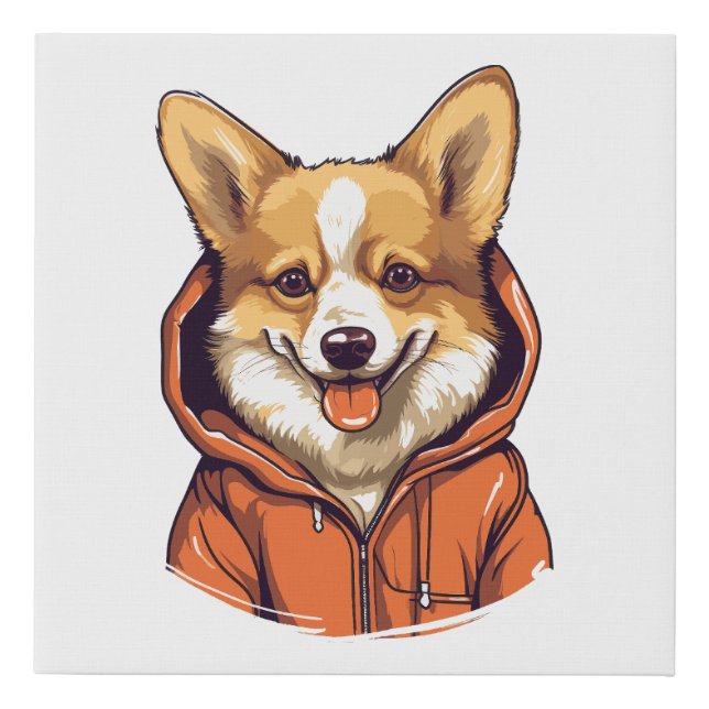 Funny Corgi Wearing Hoodie Faux Canvas Print (Front)