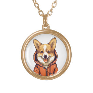 Funny Corgi Wearing Hoodie Gold Plated Necklace