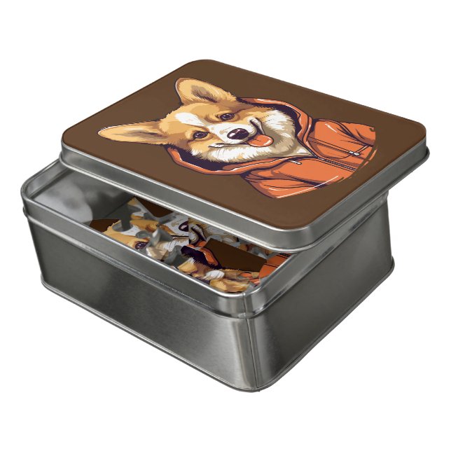 Funny Corgi Wearing Hoodie Jigsaw Puzzle (Lid Open)