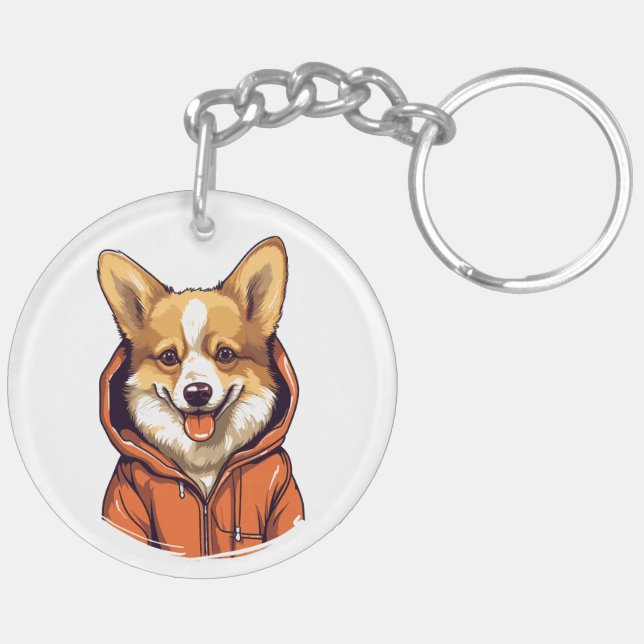 Funny Corgi Wearing Hoodie Keychain (Back Left)