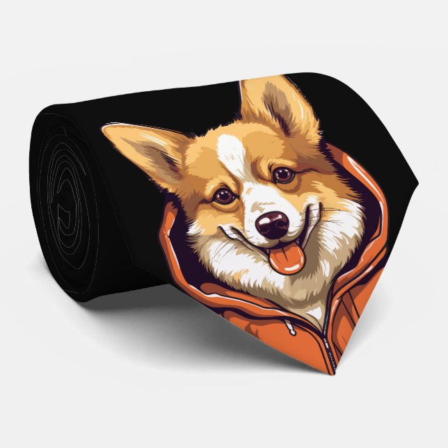 Funny Corgi Wearing Hoodie Neck Tie (Rolled)