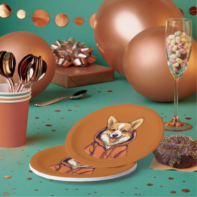 Funny Corgi Wearing Hoodie Paper Plates (Multi)