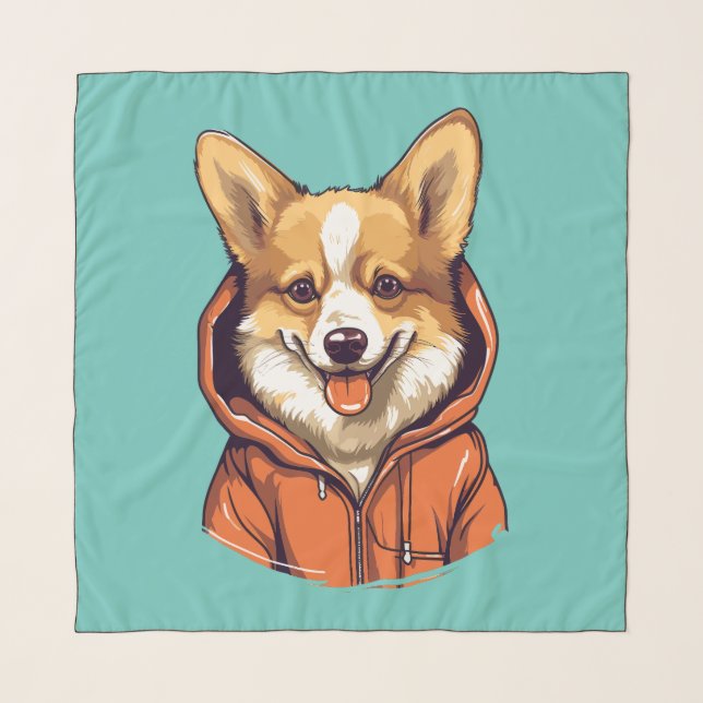 Funny Corgi Wearing Hoodie Scarf (Front)