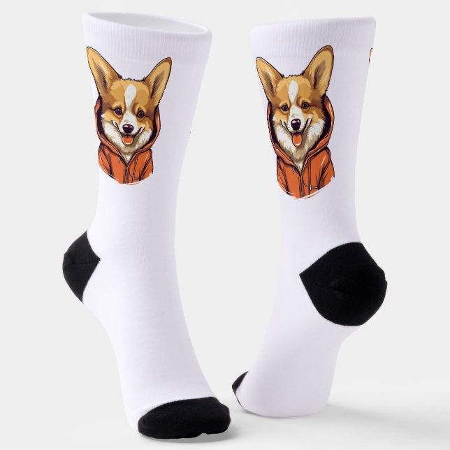 Funny Corgi Wearing Hoodie Socks (Angled)