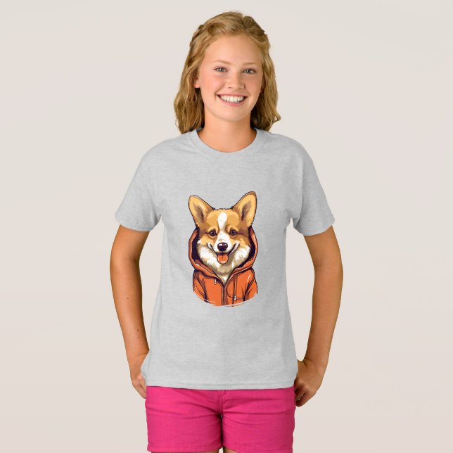 Funny Corgi Wearing Hoodie T-Shirt (Front Full)