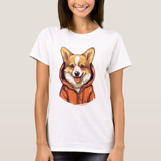 Funny Corgi Wearing Hoodie T-Shirt (Front)