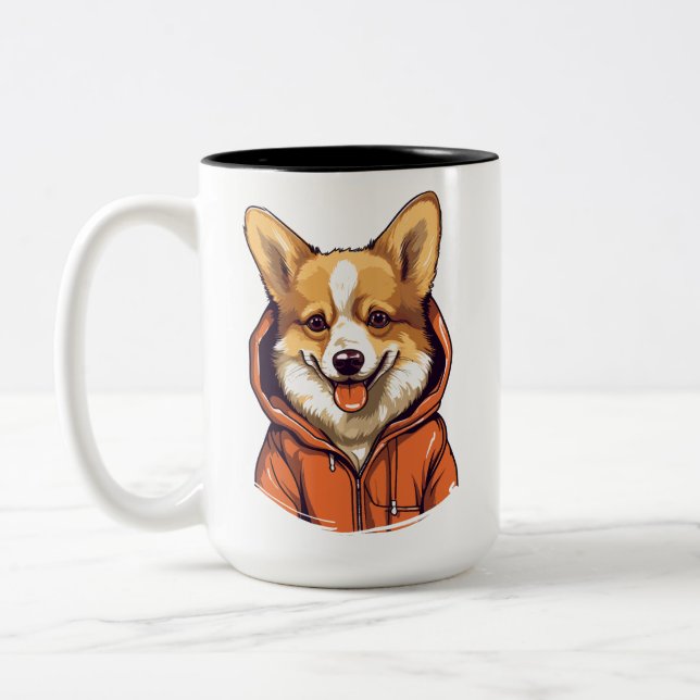 Funny Corgi Wearing Hoodie Two-Tone Coffee Mug (Left)