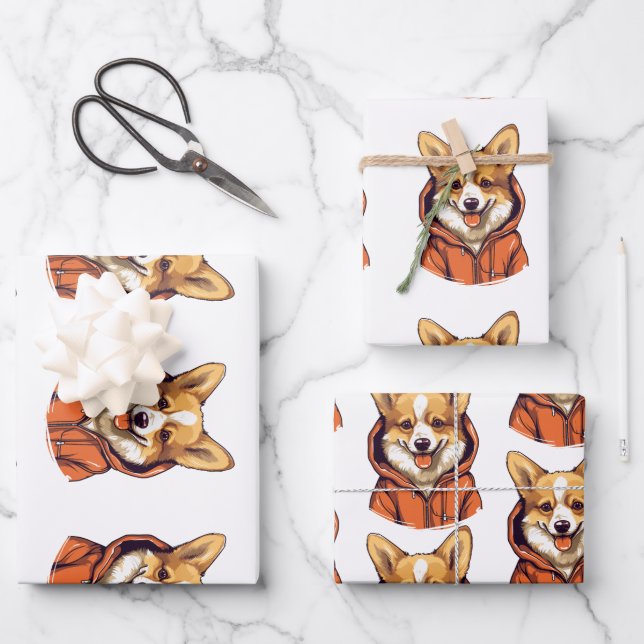 Funny Corgi Wearing Hoodie Wrapping Paper Sheets (Front)