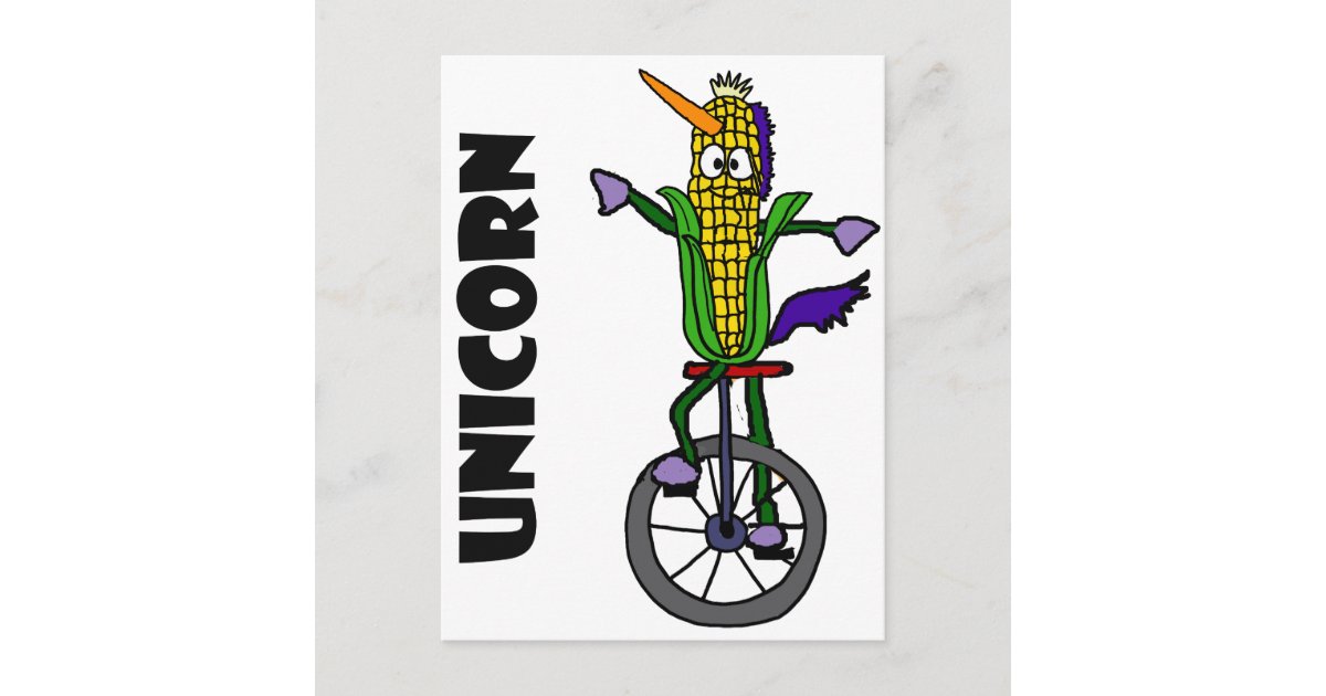 Funny Corn ear Riding Unicycle UNICORN Cartoon Postcard | Zazzle