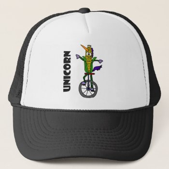 Funny Corn Ear Riding Unicycle Unicorn Cartoon Trucker Hat by naturesmiles at Zazzle