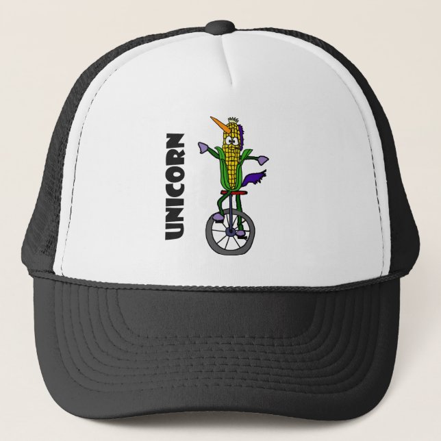 Funny Corn ear Riding Unicycle UNICORN Cartoon Trucker Hat (Front)