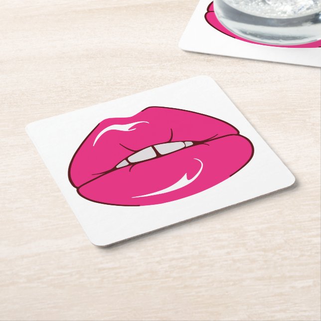 Funny Cosmetologist Makeup Artist Pink Lips Kiss Square Paper Coaster (Angled)