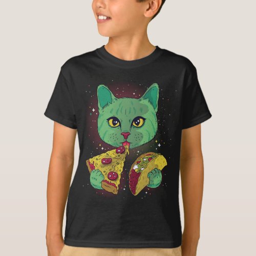 Funny Cosmic Space Green Alien Cat Eating Pizza an T_Shirt