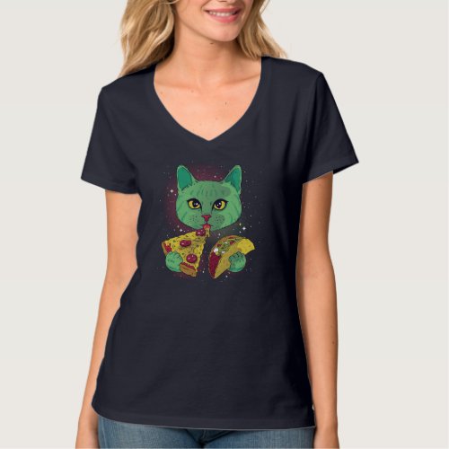 Funny Cosmic Space Green Alien Cat Eating Pizza an T_Shirt