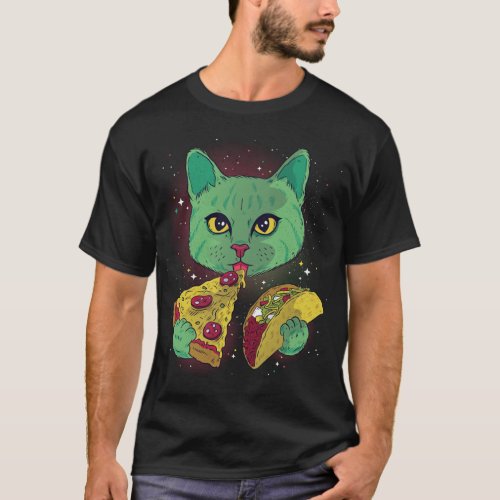 Funny Cosmic Space Green Alien Cat Eating Pizza an T_Shirt