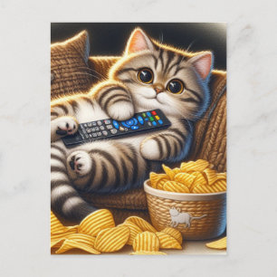 Funny Couch Potato Cat Remote and Chips Postcard