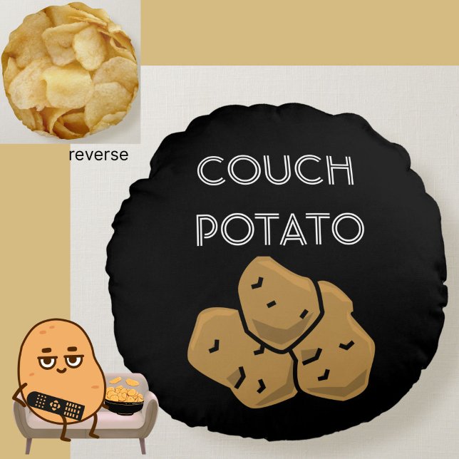 Funny "Couch Potato" + Potato Chips Binge Watching Round Pillow (This funny Couch Potato cushion is perfect for the lovable sloth in your life. Choice of colors.)