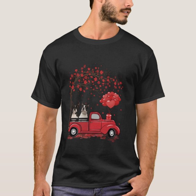 Funny Couple Boston Terrier Dog Red Truck Valentin T-Shirt (Front)