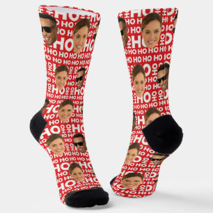 Funny Couple Face Photo Personalized Red Christmas Socks