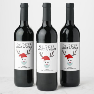 Funny Covid Christmas Reindeer Wearing Face Mask Wine Label