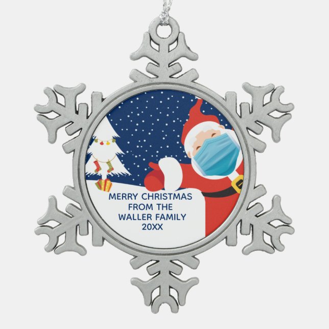 Funny Covid Christmas Santa Claus Custom Snowflake Pewter Christmas Ornament (Front)