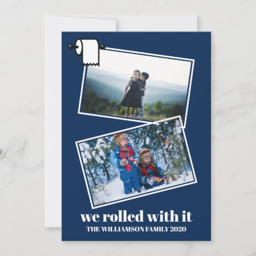 Funny Covid Christmas Two Photo Modern Blue Holiday Card