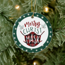 Funny COVID MERRY ChristMASK Buffalo Plaid Photo Ceramic Ornament