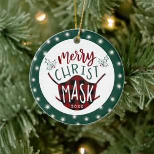 Funny COVID MERRY ChristMASK Buffalo Plaid Photo Ceramic Ornament