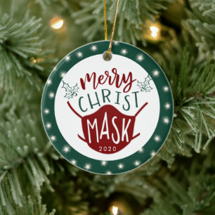 Funny COVID MERRY ChristMASK Photo Green Ceramic Ornament