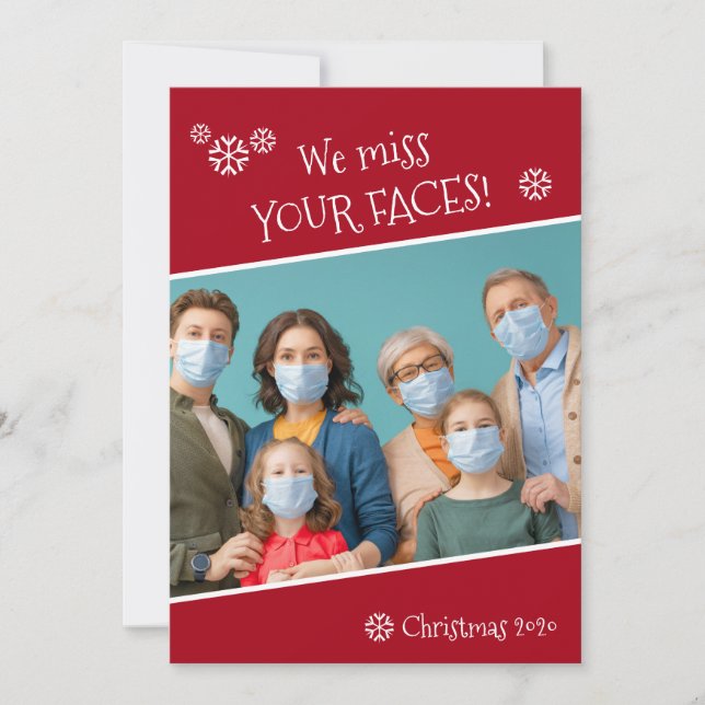 Funny Covid Photo We Miss Your Faces Red Holiday Card (Front)