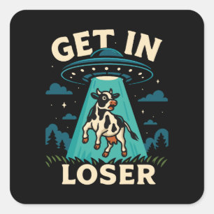 Funny Cow Abduction By UFO Square Sticker