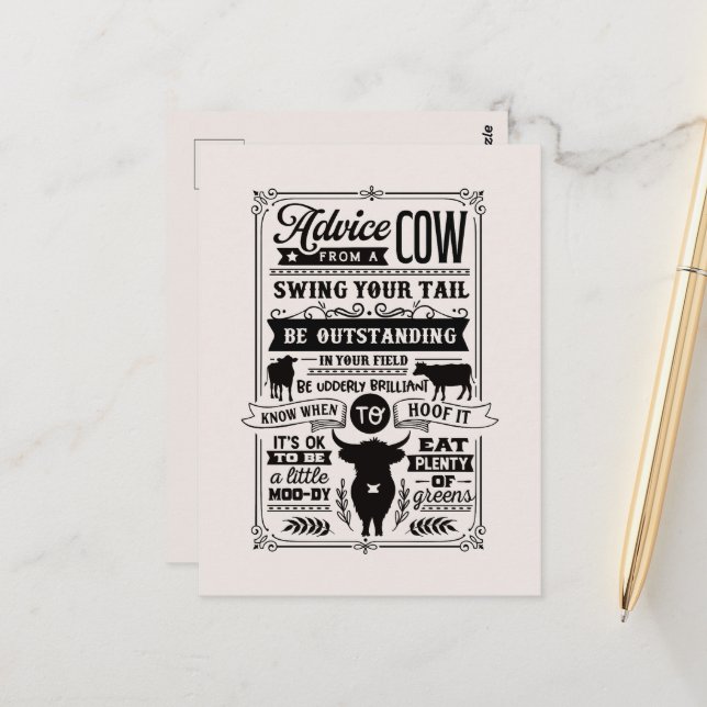 Funny cow advice word art Country Postcard (Front/Back In Situ)
