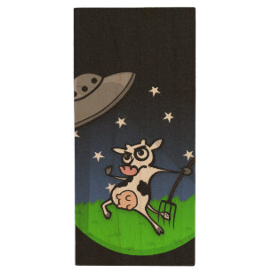 FUNNY COW ALIEN ABDUCTION WOOD USB FLASH DRIVE
