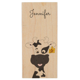 Funny cow cartoon kids wood USB flash drive