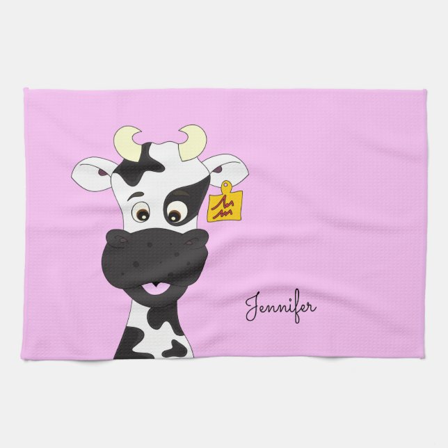 Funny cow cartoon pink custom kitchen towel (Horizontal)
