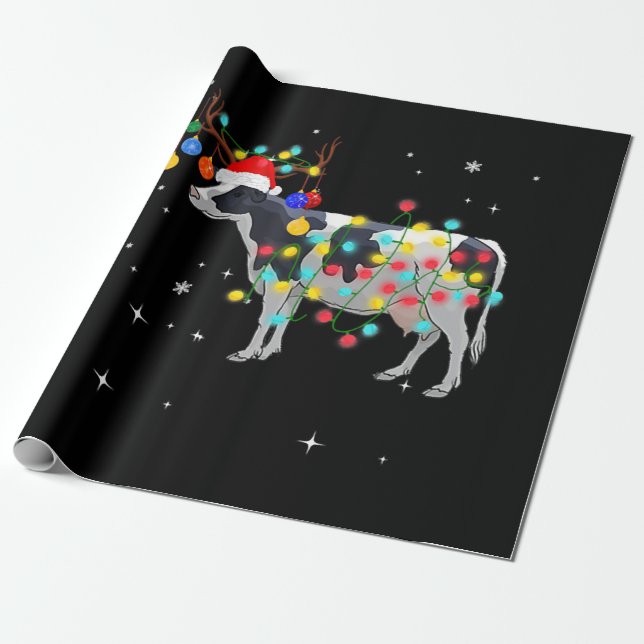 funny cow christmas reindeer christmas lights wrapping paper (Unrolled)