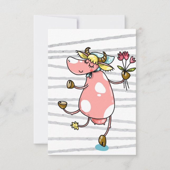 Funny Cow Dancing With Flower Thank You Card (Front)