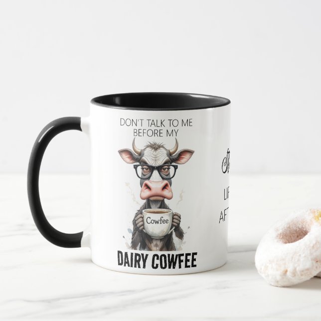 Funny Cow Drinking Coffee Typography Mug (With Donut)