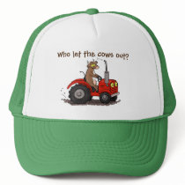 Funny cow driving a red tractor cartoon trucker hat