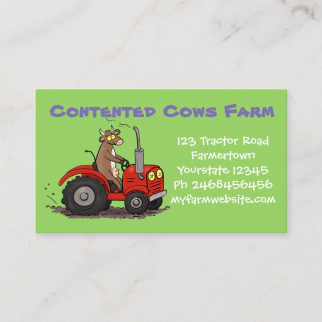 Funny cow driving a red tractor farmer cartoon business card (Front)