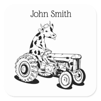 Funny cow driving a tractor square sticker