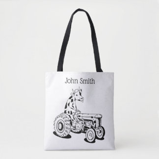 Funny cow driving a tractor tote bag