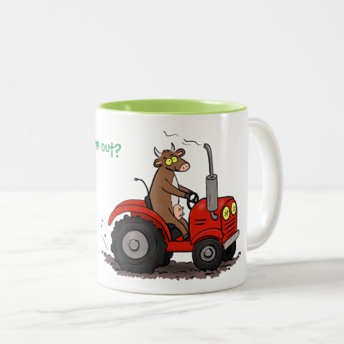 Funny cow driving red tractor cartoon Two_Tone coffee mug
