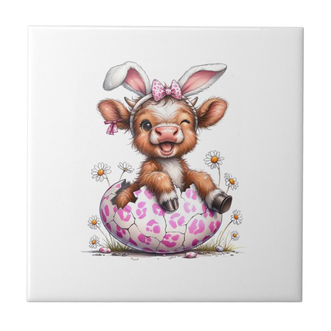 Funny Cow Easter Rabbit Cute Highland Cows Lover E Ceramic Tile (Front)