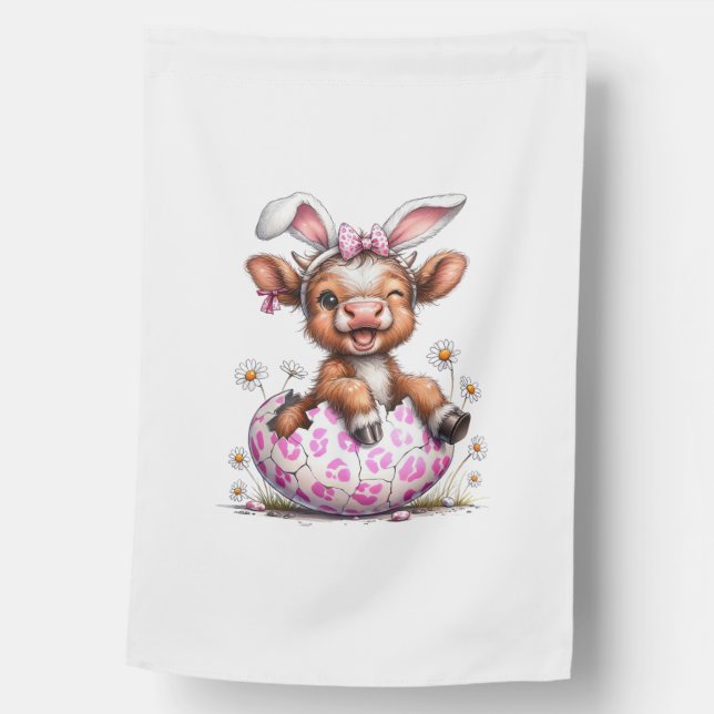 Funny Cow Easter Rabbit Cute Highland Cows Lover E House Flag (Front)