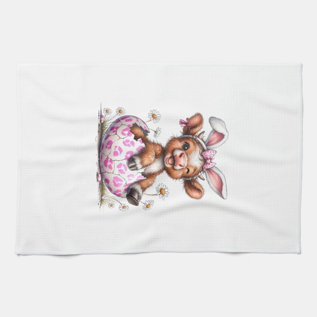 Funny Cow Easter Rabbit Cute Highland Cows Lover E Kitchen Towel (Horizontal)