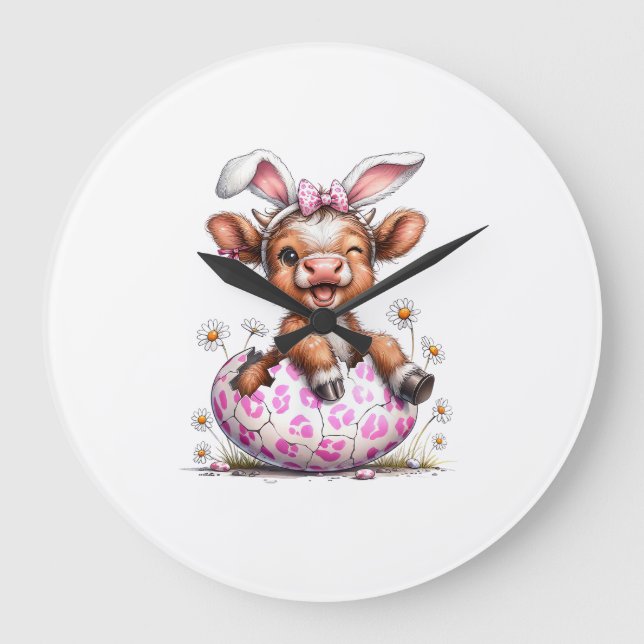 Funny Cow Easter Rabbit Cute Highland Cows Lover E Large Clock (Front)