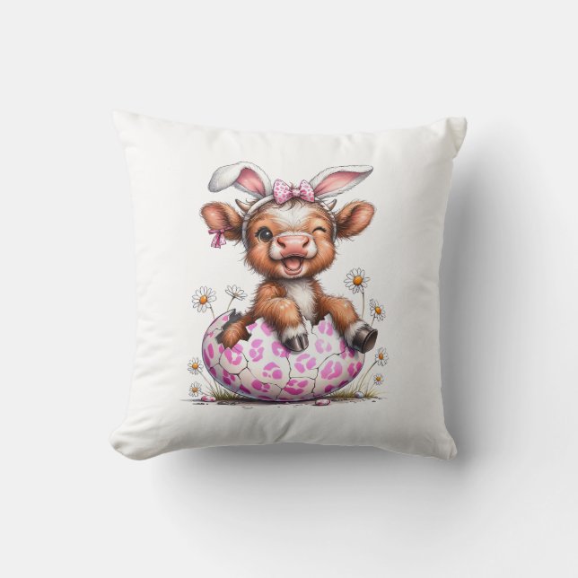 Funny Cow Easter Rabbit Cute Highland Cows Lover E Throw Pillow (Front)