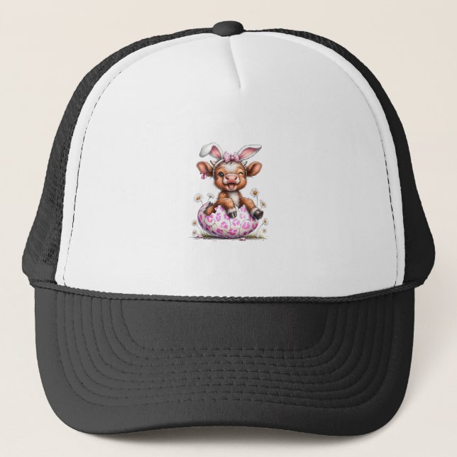 Funny Cow Easter Rabbit Cute Highland Cows Lover E Trucker Hat (Front)