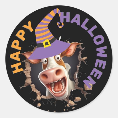 Funny cow face cartoon Happy halloween holiday Classic Round Sticker
